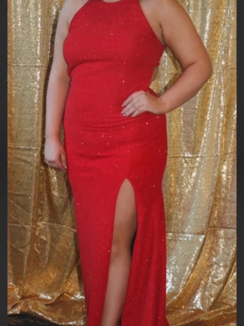 Jovani 58548 Red Halter Evening Gown with Thigh Slit pageant
